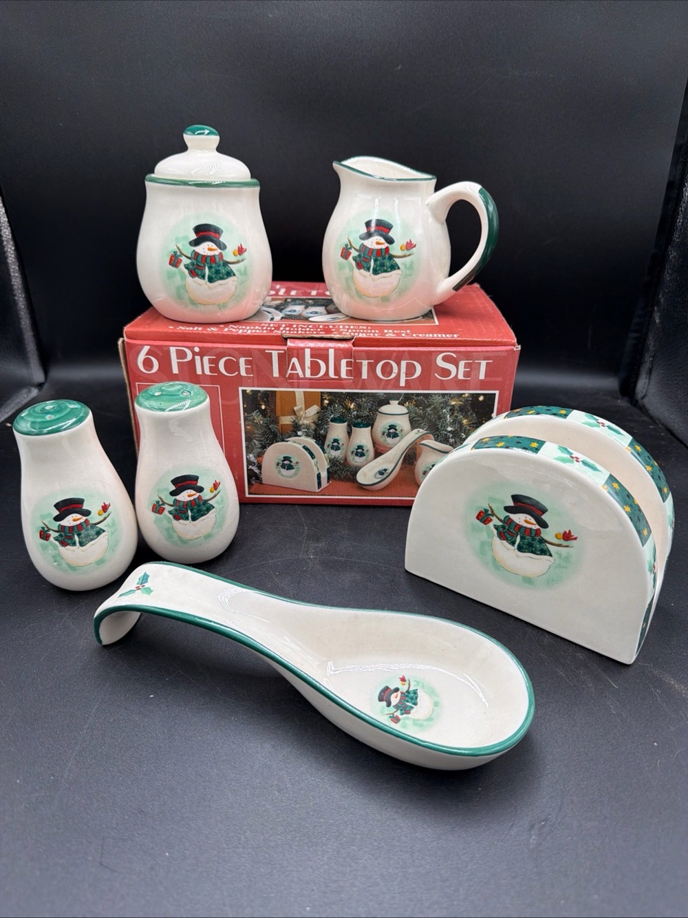 NIB Stoneware Dolgencorp 6 piece Tabletop Christmas Snowman Set